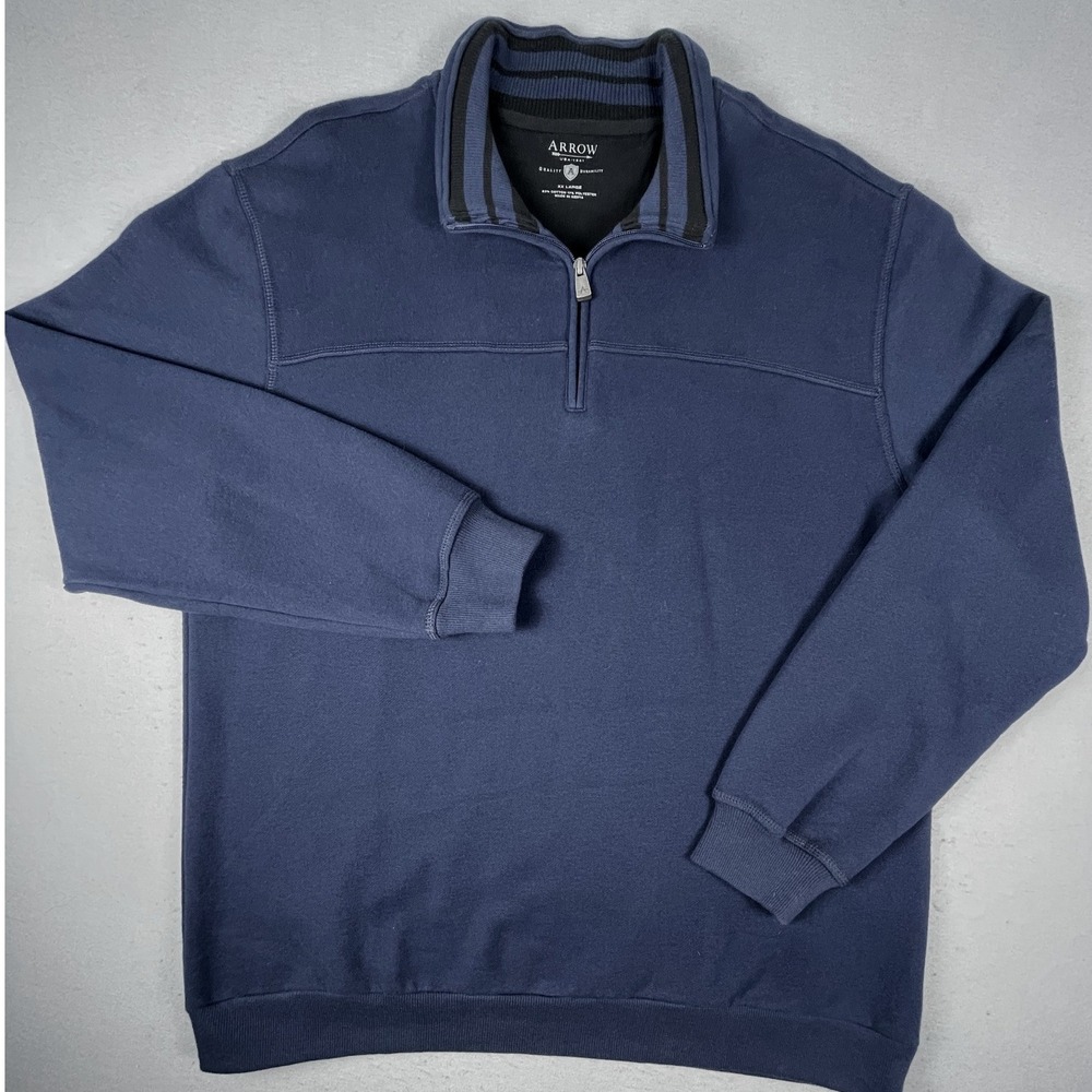 Arrow Pullover Mens XX Large Navy Blue Quarter Zip Fleece Sweatshirt Ribbed Trim